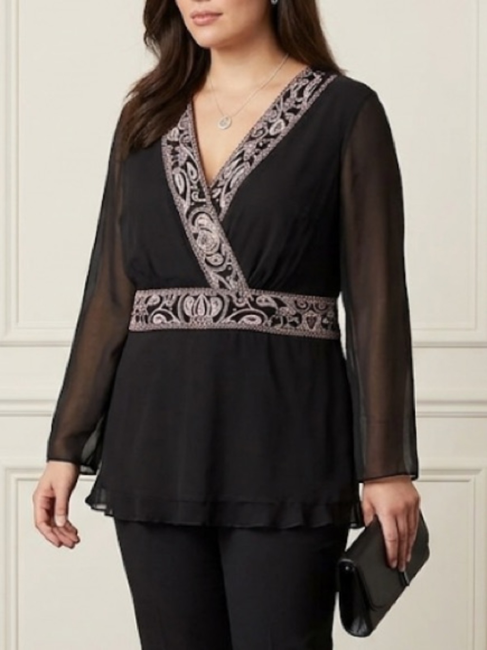 Lane Bryant Black Silk‎ Embellishment Long Sleeve Blouse Size 18/20